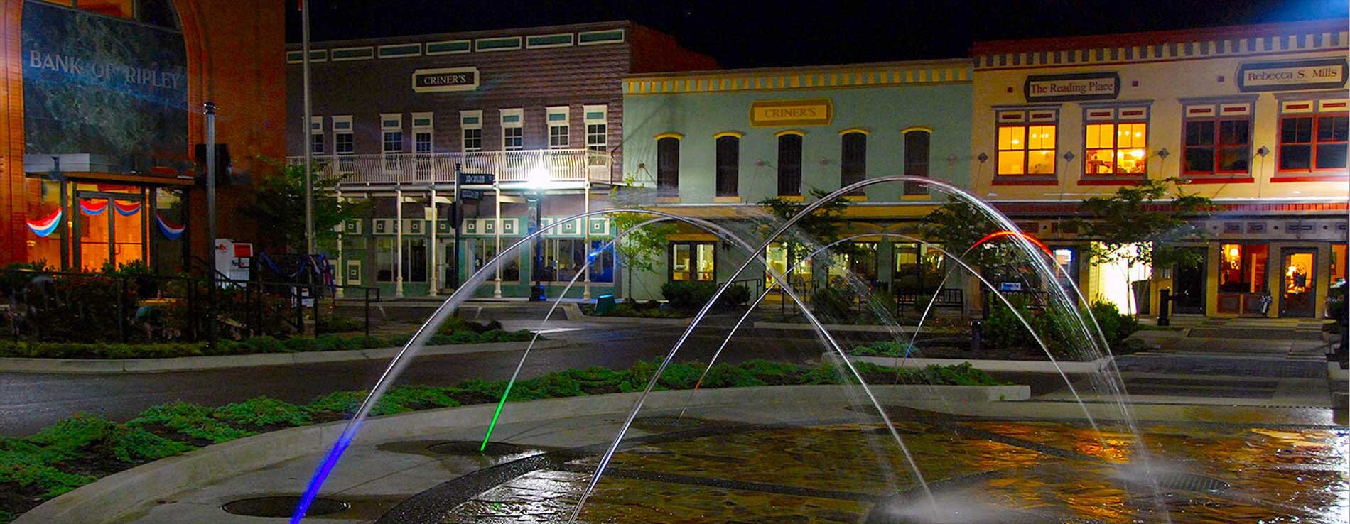 Downtown Ripley Fountains at Night