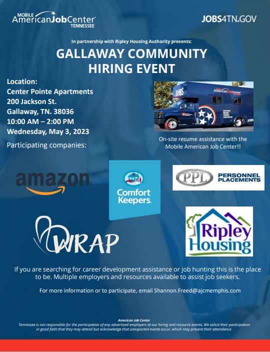 Gallaway Community Hiring Event Flyer. All information from this flyer is listed above.