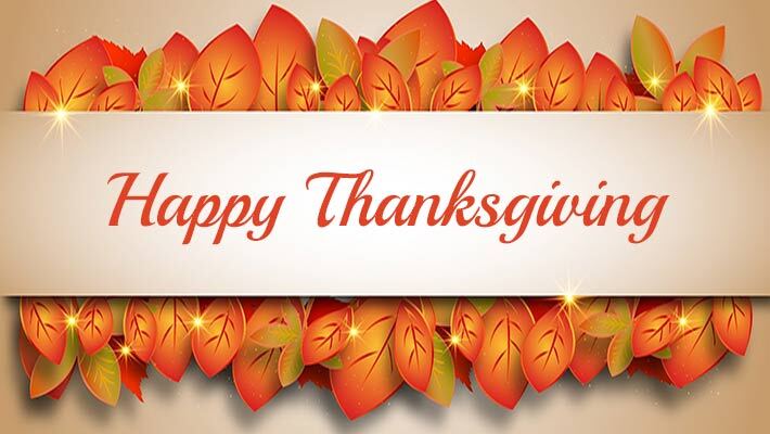 Leaves in the background with a banner that has text that reads HappyThanksgiving.