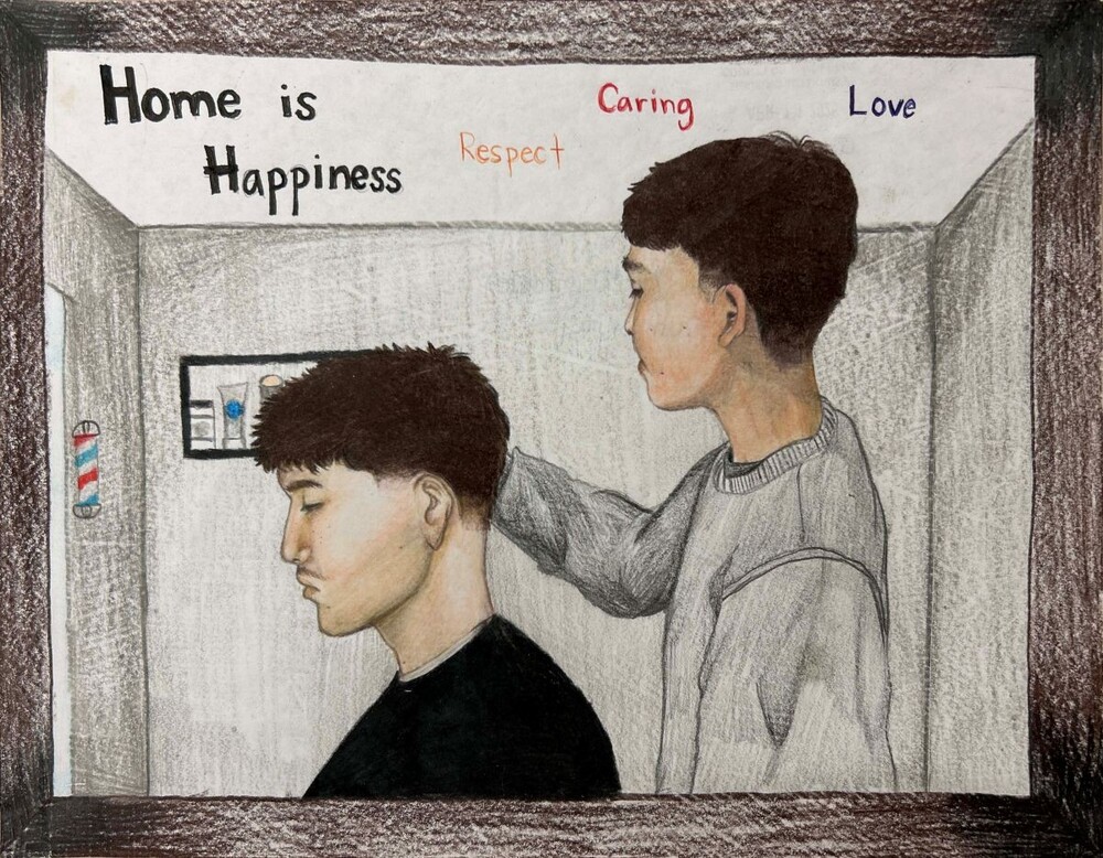 2026 What Home Means to Me contest winner. A barber cutting another mans hair in a barbershop. Home is Respect. Caring. Love.