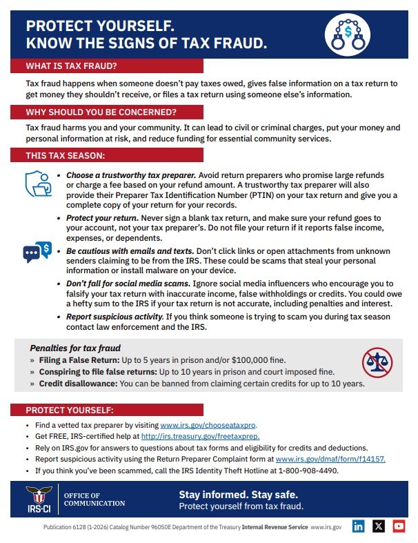 Protect Yourself: Know the Signs of Tax Fraud flyer. All information as listed below.